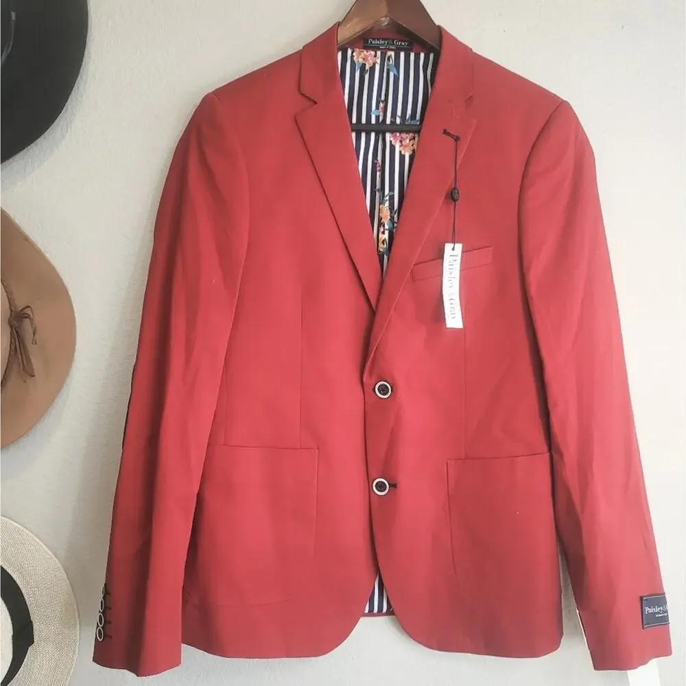 NWT Paisley & Gray Red Slim Fit Blazer Suit Jacket Elbow Patch Modern Preppy 38R